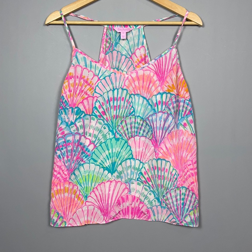 Lilly Pulitzer Racerback Silk Tank Top Pink Blue Womens Size XL Oh Shello Dusk